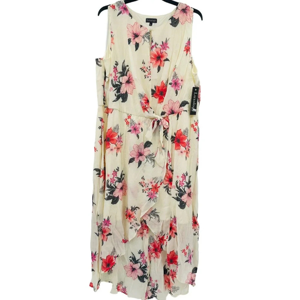 Luxology Women's 3X Floral Midi Dress Sleeveless Keyhole Tie-Waist Lined NWT - Picture 1 of 13